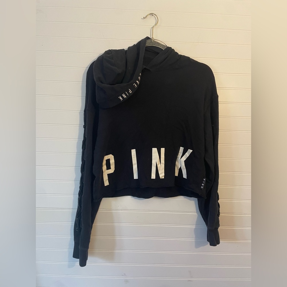 Victoria's Secret PINK Black Cropped Hoodie with Bold PINK Logo Size Small
